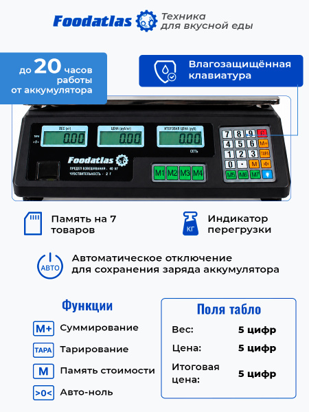 Торговые весы Foodatlas 40кг/2гр ВТ-40Т